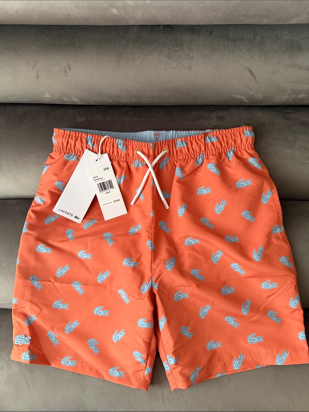 Lacoste 🐊Coral-Orange Swim Trunks with Light Blue Crocodile Logos